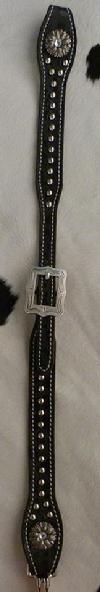 Bling black croc. neck strap w/ ant. silver daisy conchos.