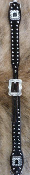 Bling Neck Strap. Adjustable black hair-on overlay neck strap. Silver spots, Ant. Silver hardware, Swarovski crystals, fancy cart buckle