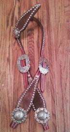 Chestnut oil Single ear Headstall w/ Dark Brindle (more red) hair-on-hide w/ Antuqie Silver/Gold hardware and silver dots. Just enough, very classy!