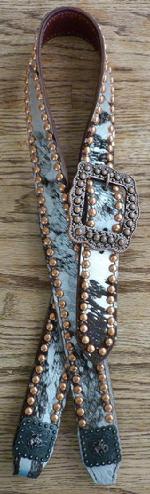 Silver metallic and brown hair-on hide belt style headstall