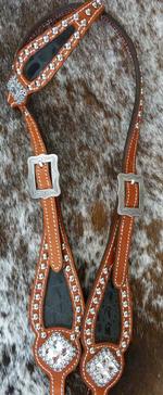 Black croc. inlay single ear bling headstall. Clear Crystal swarovskis and Antique silver hardware