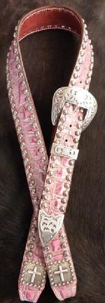 Belt Style headstall in Fuschia Pink croc. w/ Fancy antique silver spots and cross hardware.