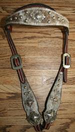 Dark oil browband, roan hide, silver dots and antiqued gold/silver square berry hardware.