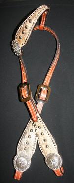 Chestnut oil one ear headstall, medium brindle hair-on-hide, Big and small silver dots and antique silver Texas Star conchos.