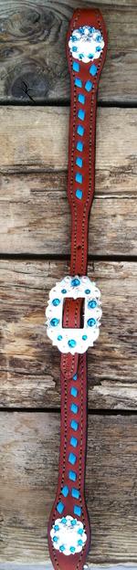 Chestnut oil bling whither strap w/ turquoise buckstitch, brite shine hardware and blue zircon Swarovskis.