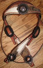 Chestnut oil browband headstall w/ Brindle and white hide, copper dots and Antique Copper/Bronze hardware. Awesome look!