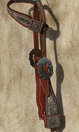 Chestnut oil One Ear headstall w/ roan hide, silver dots and Antique Silver hardware. Ranchy!