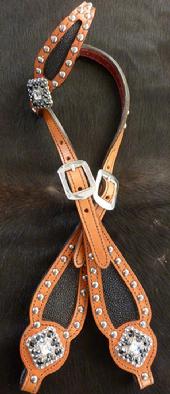 Bling Stingray single ear headstall. Chestnut oil single ear headstall w/ Black Stingray inlays, Fancy antique silver spots, Antuque silver hardware w/ Jet Hematite and Clear Crystal Swarovskis, both round and Mosaic stones