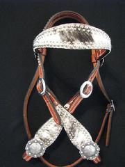Chestnut oil browband Headstall w/ Grey/White roan hair-on-hide, A double row of silver dots and Antique Silver hardware.