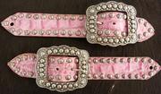 Belt style spur straps in Fuschia Pink Croc. Ant. silver hardware and fancy spots.