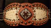 Inlay Bling Halter. Not short on WOW! Chestnut oil Herman Oak leather, Fancy Antique Bronze Dots, Antique Bronze hardware w/ Clear Crystal and Smoke Topaz Swarovskis to set off the Bone Croc. print inlay! Absolutely gorgeous!