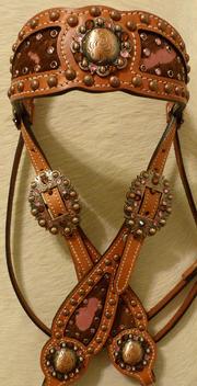 Bling browband headstall.  Pink acid wash inlay browband headstall, Herman oak leather, Bronze fancy spots and Rose and Smoked Topaz Swarovskis