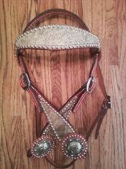 Chestnut Oil Browband Headstall w/ Medium Brindle hair-on-hide, Silver dots, and Antique silver pistol hardware w/ rosettes.
