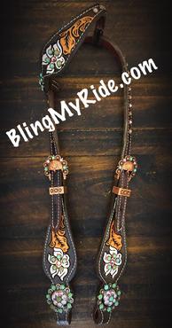 Hand tooled and painted floral headstall w. Clear Swarovskis and sleeping beauty turquoise and buckstitched.