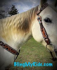 Hand tooled natural sunflower tack set with buckstitch and turquoise accents.