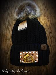Black C Beanie with backstitched, hand tooled and painted sunflower patch.
