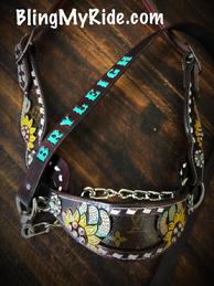 Hand tooled and painted sunflower and cactus custom steer show halter with LV inlays.