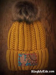 Mustard CC Beanie with cactus and sunflower hand tooled and painted patch with Swarovskis and buckstitch.