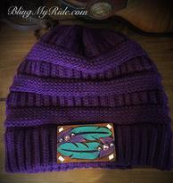 Purple CC Beanie with hand tooled and painted double feather patch.