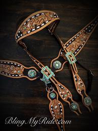 Hand tooled, painted and backstitched tack set with Browband and sleeping beauty turquoise.