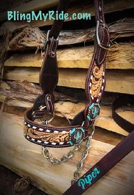 Hand tooled and buckstitched leather steer show halter with upgraded cactus conchos and personalized show lead.