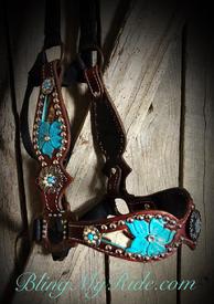 Floral hand tooled bronc style bling halter with embossed croc. inlays, turquoise flowers, antique silver sunflower conchos.
