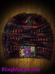 Purple multi color CC Beanie w. hand tooled and painted floral leather patch.