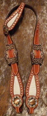 Bling buck-stitched single ear w/ white croc inlay and white buck-stitch and bronze hardware