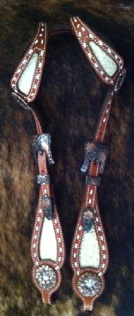 Chestnut oil bling double ear, buckstitched headstall with Bone croc. inlays and copper daisy hardware.