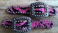 Fuschia Pink baby zebra hair-on belt style spur straps with Antique silver hardware and Fuschia Swarovskis.