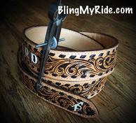 (1.5" buckle, to 1 7/8" main body of belt). Hand tooled scroll work custom fully buckstitched western style belt. Cut wider to fill out belt loops completely.