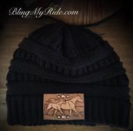 Black CC Beanie withheld tooled running mare and foal patch with Swarovskis.