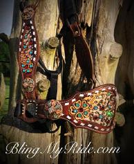 Bling bronc halter. Beautiful Cowboy tool inlay, hand tooled floral and leaf design, Swarovski crystals confetti with upgraded conchos.