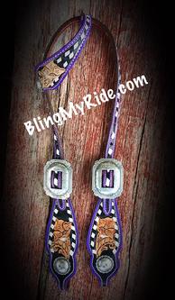 Hand tooled floral S/E headstall outlined in purple w/ white buckstitch.  Antique silver primrose hardware.