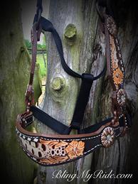 Hand tooled, inlaid and buckstitched bling Bronc style halter with daisy conchos.