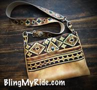 Handmade embossed leather purse. snap or zipper closure, decorative strap includes two conchos.