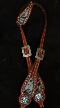 Speckled inlay hair-on inlay bling headstall w/ Jet and Crystal AB Swarovskis.