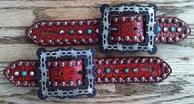Antique Rec croc. bling belt style spur straps w/ Barb wire buckles.