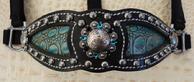 Bling Inlay halter. Black leather, Antique Turq. Croc. Inlay, Ant. Silver conchos. Jet and Blue Zircon Swarovski bling