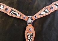 Bling Inlay Breast collar.Herman Oak inlay breastcollar, baby zebra hair-on inlays, Fuschia pink and Jet Swarovskis, basic buckles and silver spots. Ant. Silver square hardware.