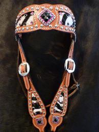 Bling Browband headstall. Herman Oak inlay browband headstall, baby zebra hair-on inlays, Fuschia pink and Jet Swarovskis, basic buckles and silver spots. Ant. Silver square hardware.