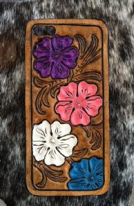 Custom hand tooled cell phone case. Floral tooling, multi-colored.