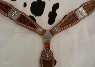 Inlay breast collar. Brown distressed croc. inlays, Silver spots and Antique silver cross hardware.