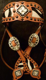Bling Browband headstall.Herman Oak leather browband headstall, Baby zebra hair-on inlays, Black spots, Square antique hardware and Clear and Jet Swarovskis