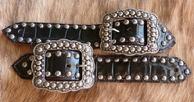 Belt Style spur straps. Black Croc. Belt Style spur straps w/ antique silver fancy spots and buckles.