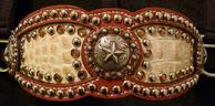 Bling Inlay halter. Chestnut oil Herman Oak leather, Bone Croc. print inlay, Copper Swarovskis and Texas Star Berry hardware. Gorgeous!