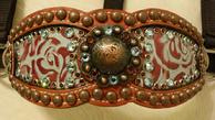 Bling Bronc Halter. Chestnut oil leather, Turquoise Floral Inlay, Bronze Fancy Spots, Bronze rubbed antique berry hardware and Aqua and Burgundy Swarovskis.