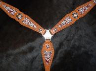 Inlay Bling Breast collar w/ Floral Turquoise embossed hide. Fancy Bronze spots and bronze hardware w/ Aqua and Burgundy Swarovskis.