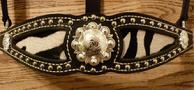 Baby zebra inlay halter. Black leather w/ baby zebra inlay, silver spots and brite shine berry hardware.