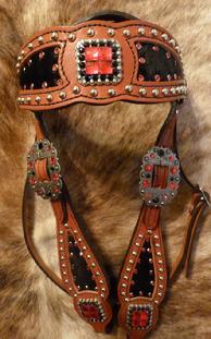 Bling Inlay Browband haedstall. Herman Oak chestnut oil leather, Black hair-on inlay, Lt. Siam and Jet Swarovskis adorn this inlay headstall! Antique Silver hardware and Silver spots.